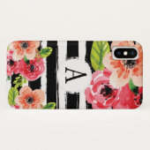 Trendy Monogramed Zwarte Witte Strepen Bloemen Case-Mate iPhone Case (Achterkant (horizontaal))