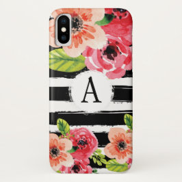 Trendy Monogramed Zwarte Witte Strepen Bloemen Case-Mate iPhone Case