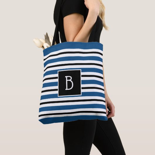 Trendy Monogrammed Classic Blue White Stripe Tote Bag (Dichtbij)