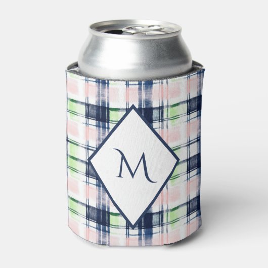 Trendy Monogrammed Navy Blauw Roze Preppy Plaid Blikjeskoeler (Blikje Voorkant)