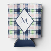 Trendy Monogrammed Navy Blauw Roze Preppy Plaid Blikjeskoeler (Voorkant)