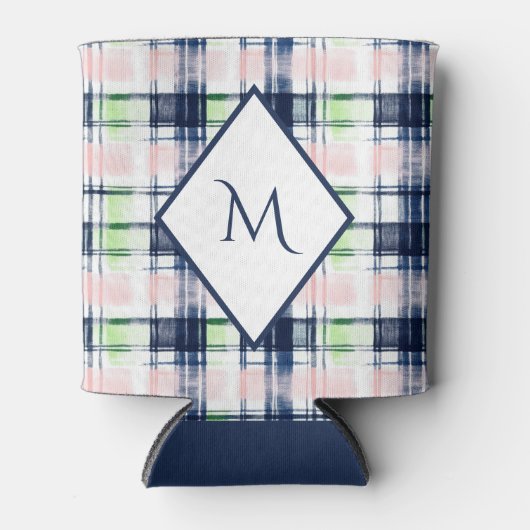 Trendy Monogrammed Navy Blauw Roze Preppy Plaid Blikjeskoeler (Voorkant)