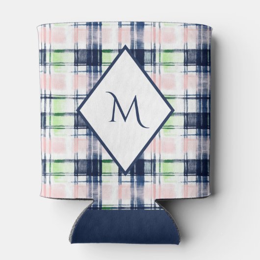 Trendy Monogrammed Navy Blauw Roze Preppy Plaid Blikjeskoeler (Achterkant)