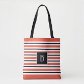 Trendy Monogrammed Oranje Red Black & White Stripe Tote Bag (Voorkant)