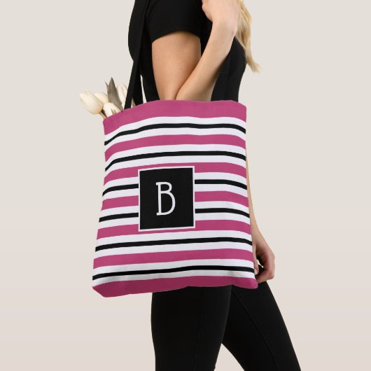 Trendy Monogrammed Pink, Black & White Stripe Tote Bag (Dichtbij)