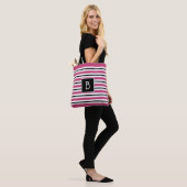Trendy Monogrammed Pink, Black & White Stripe Tote Bag (Op model)