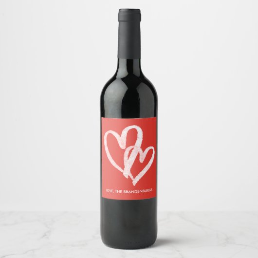 Trendy Monogrammed Red Hearts Valentijns Wine Labs Wijn Etiket (Voorkant)