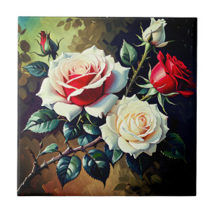 Trendy Mooi roze witte rode rozen olieverfschilder Tegeltje