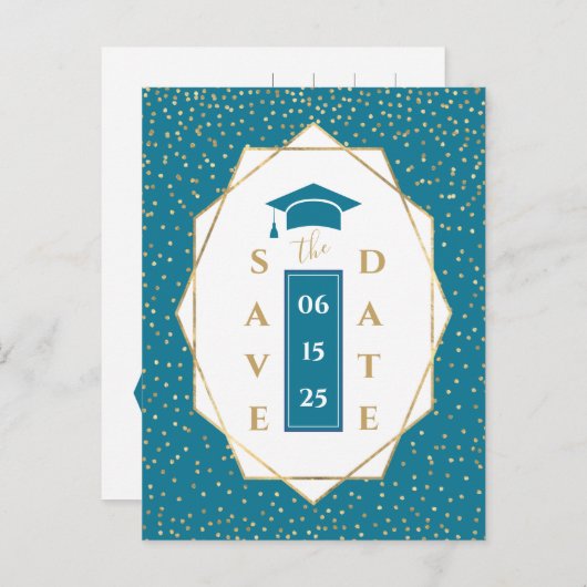 Trendy Mozaïek Blauw Geometrisch Afstudeerfeest Aankondigingskaart (Voorkant / Achterkant)