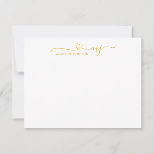 Trendy Mustard Yellow Heart Script Name Monogram Notitiekaartje (Voorkant)