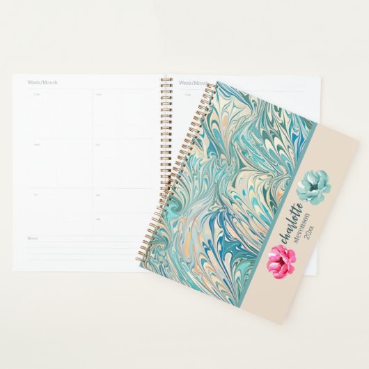 Trendy Naam Gepersonaliseerde Blauwgroen Marmeren Planner (Display)