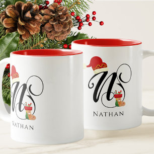 Trendy Naam Modern Initiaal Letter N Wintervakanti Tweekleurige Koffiemok