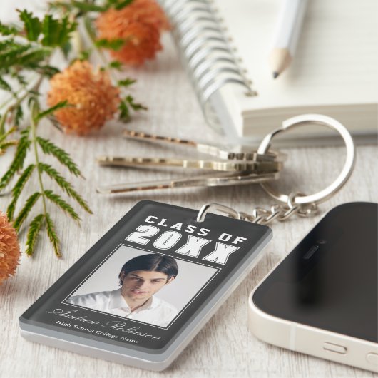 Trendy Name Class of Charcoal Grey Afstuderen foto Sleutelhanger (Voorkant Rechts)