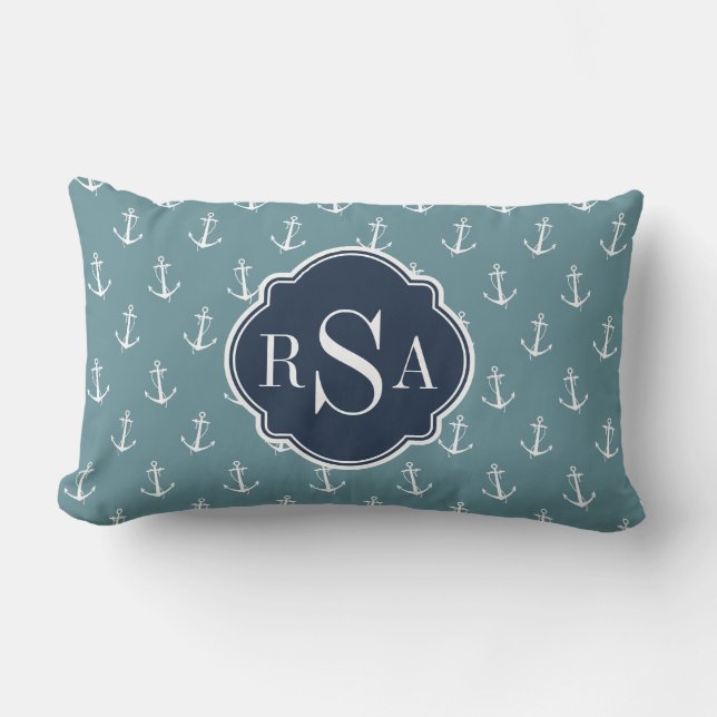 Trendy Nautical Monogrammed Blue Anchor Pattern Kussen (Voorkant)