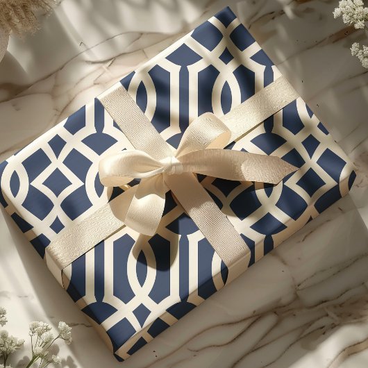 Trendy Navy and White Moroccan Trellis Pattern Cadeaupapier