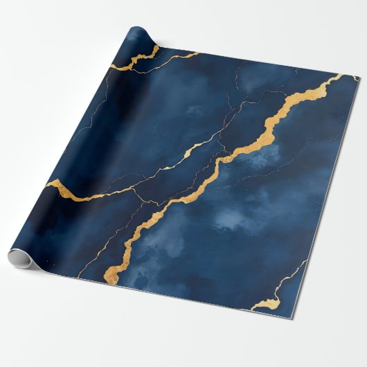 Trendy Navy Blauw Goud Marmer Collectie Cadeaupapier (Uitgerold)