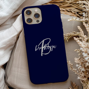 Trendy Navy Blauw Grijs Wit Script Monogram iPhone 15 Case