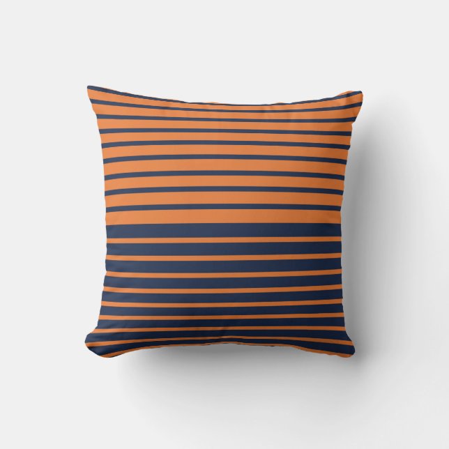 Trendy Navy Blauwe Oranje Gestreepte Kussen (Voorkant)