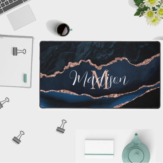 Trendy Navy Blue Agaat Roos Gold Glitter Desk Mat