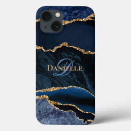 Trendy Navy Blue Agate Gold Glitter Monogram Case-Mate iPhone Case
