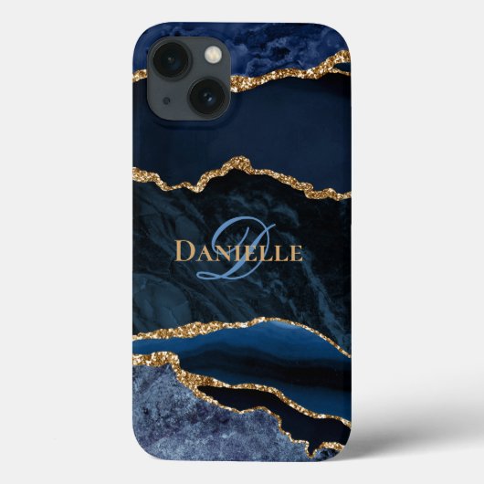 Trendy Navy Blue Agate Gold Glitter Monogram Case-Mate iPhone Case (Achterkant)