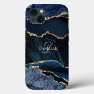 Trendy Navy Blue Agate Gold Glitter Monogram iPhone 13 Hoesje