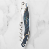 Trendy Navy Blue Agate Gold Glitter Monogram Kurkentrekker (Voorkant)