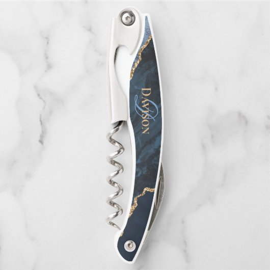 Trendy Navy Blue Agate Gold Glitter Monogram Kurkentrekker (Voorkant)