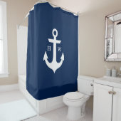 Trendy Navy Blue Anchor Monogram Douchegordijn (In situ)