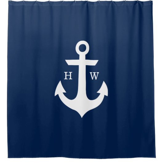 Trendy Navy Blue Anchor Monogram Douchegordijn (Voorkant)