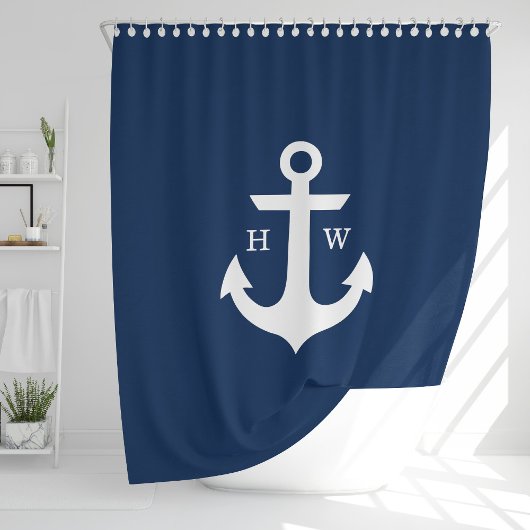 Trendy Navy Blue Anchor Monogram Douchegordijn