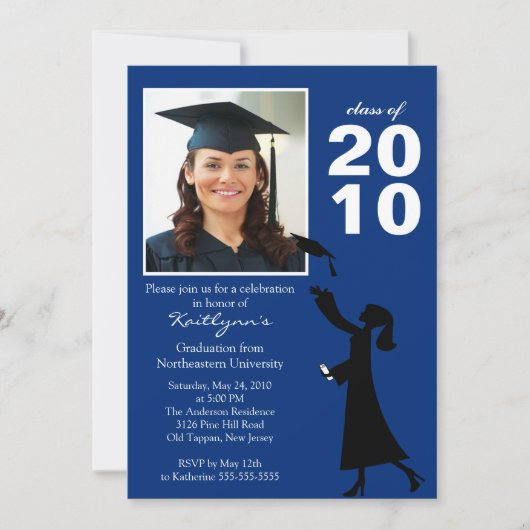 Trendy Navy Blue & Black Afstuderen Invitation Kaart (Voorkant)