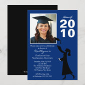 Trendy Navy Blue & Black Afstuderen Invitation Kaart (Voorkant / Achterkant)
