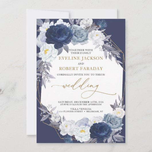 Trendy Navy Blue Floral Gold Geometric Wedding Kaart (Voorkant)