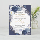 Trendy Navy Blue Floral Gold Geometric Wedding Kaart (Staand voorkant)