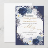 Trendy Navy Blue Floral Gold Geometric Wedding Kaart (Voorkant / Achterkant)