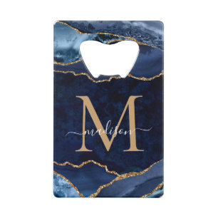 Trendy Navy Blue Glitter Agate Geode Monogram Creditkaart Flessenopener