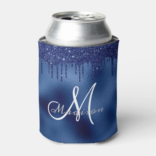 Trendy Navy Blue Glitter druppels monogram Blikjeskoeler