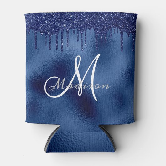 Trendy Navy Blue Glitter druppels monogram Blikjeskoeler (Voorkant)