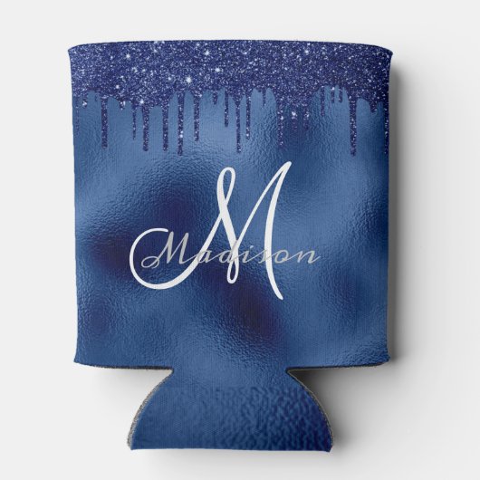 Trendy Navy Blue Glitter druppels monogram Blikjeskoeler (Achterkant)