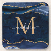 Trendy Navy Blue Gold Agate Geode Glitter Monogram Bier Onderzetter (Voorkant)