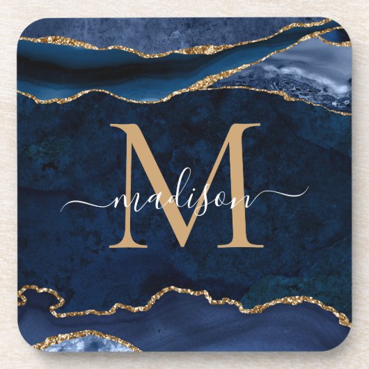 Trendy Navy Blue Gold Agate Geode Glitter Monogram Bier Onderzetter (Voorkant)