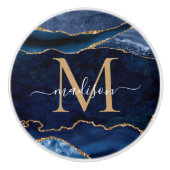 Trendy Navy Blue Gold Agate Geode Glitter Monogram Keramische Knop (Voorkant)