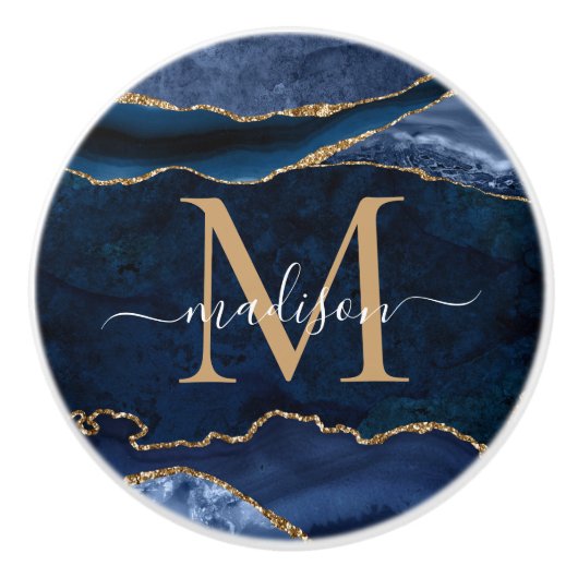 Trendy Navy Blue Gold Agate Geode Glitter Monogram Keramische Knop (Voorkant)