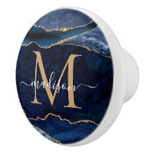 Trendy Navy Blue Gold Agate Geode Glitter Monogram Keramische Knop (Rechts)