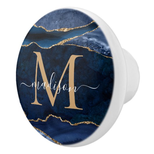 Trendy Navy Blue Gold Agate Geode Glitter Monogram Keramische Knop (Rechts)