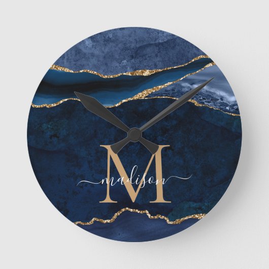 Trendy Navy Blue Gold Agate Geode Glitter Monogram Ronde Klok (Voorkant)