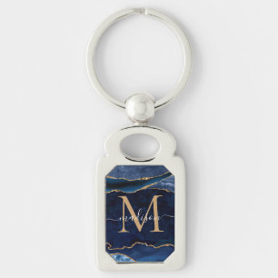 Trendy Navy Blue Gold Agate Geode Glitter Monogram Sleutelhanger