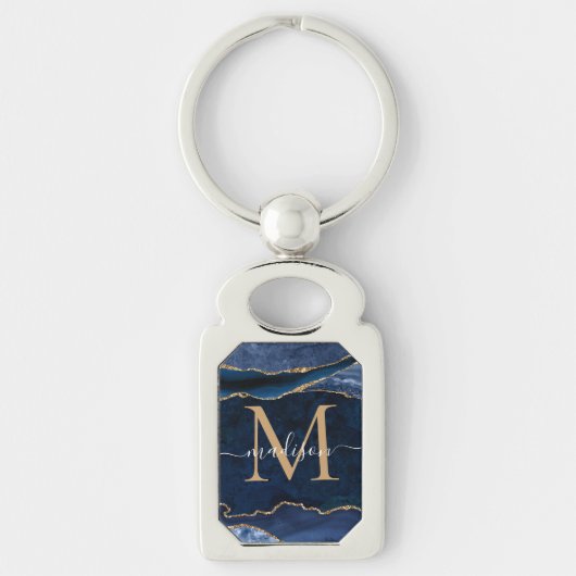 Trendy Navy Blue Gold Agate Geode Glitter Monogram Sleutelhanger (Voorkant)