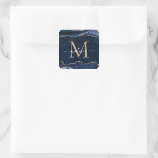 Trendy Navy Blue Gold Agate Geode Glitter Monogram Vierkante Sticker (Tas)